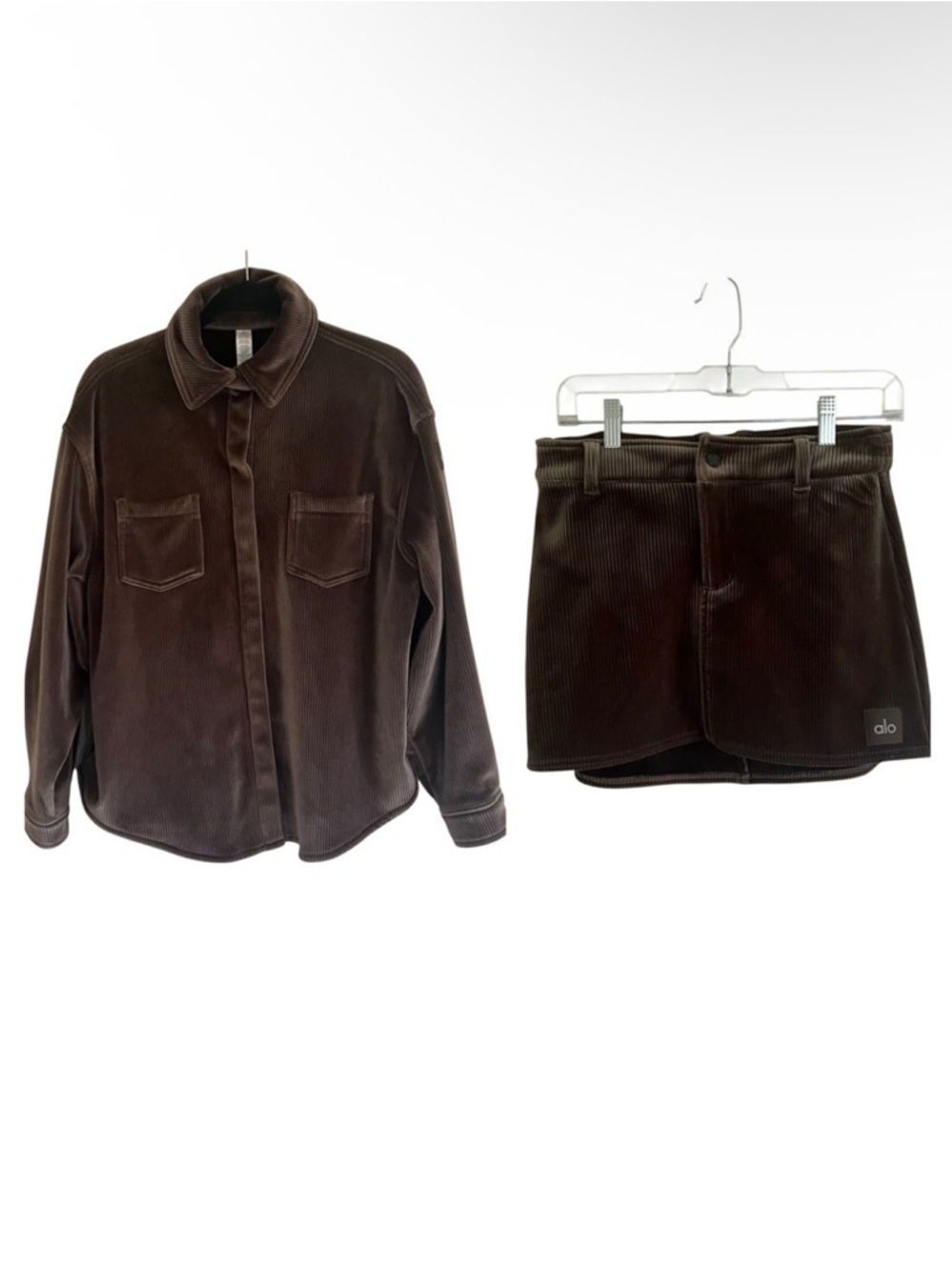 Alo Yoga Ribbed Velour Baller Mini Skirt & Mountain Side Shacket in Macchiato